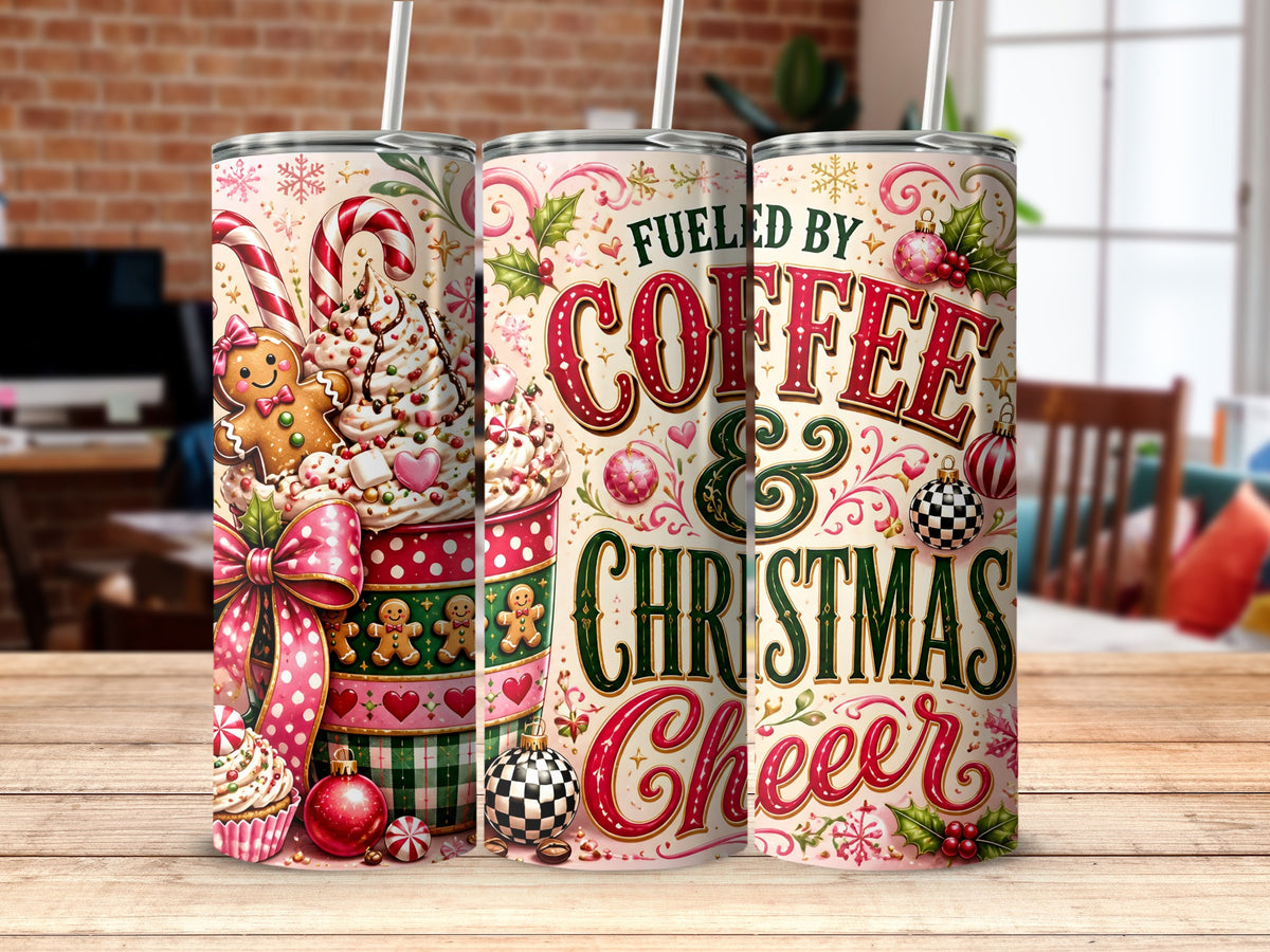 Three views of a stainless steel tumbler featuring a vintage Christmas coffee design with text that reads Fueled by Coffee and Christmas Cheer.