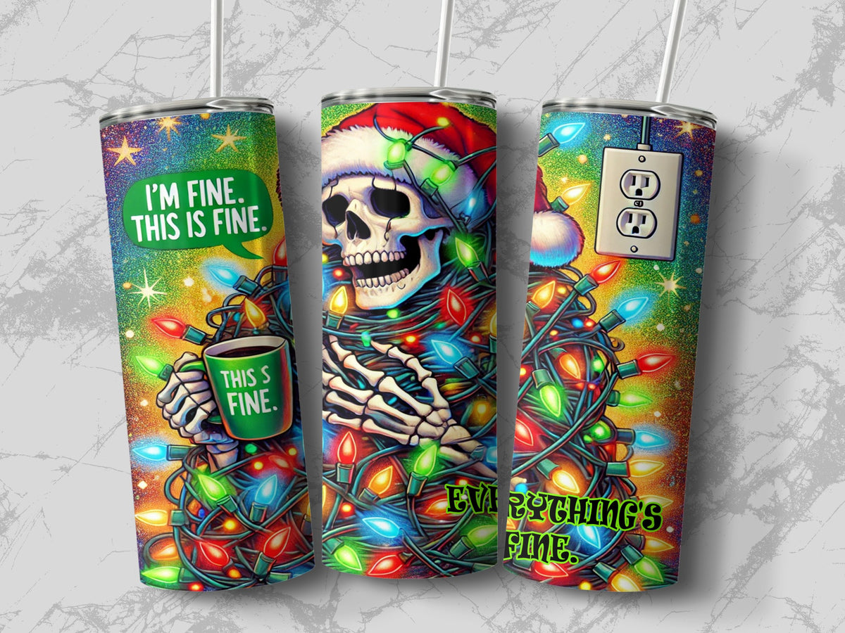 Three steel tumblers wrapped in a Christmas graphic featuring a tangled skeleton, holiday lights, and text.