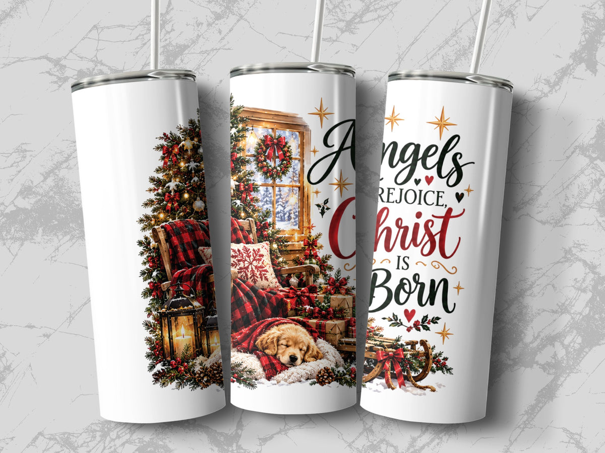 Three white tumblers with lids and straws, featuring Christmas graphics including a sleeping puppy, festive text, and a decorated tree.
