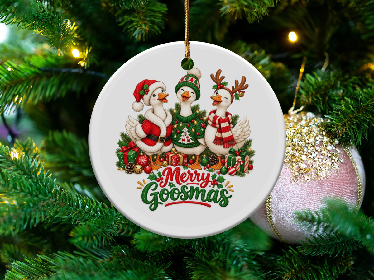Round ornament with three festive geese and "Merry Goosmas" text.