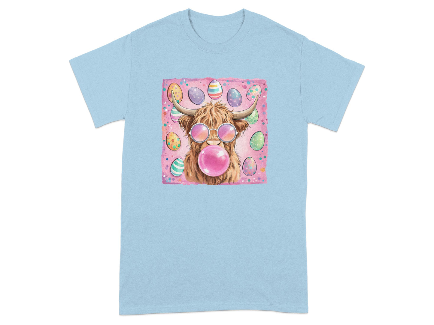 Funny Highland Cow with Easter Eggs Graphic T-Shirt
