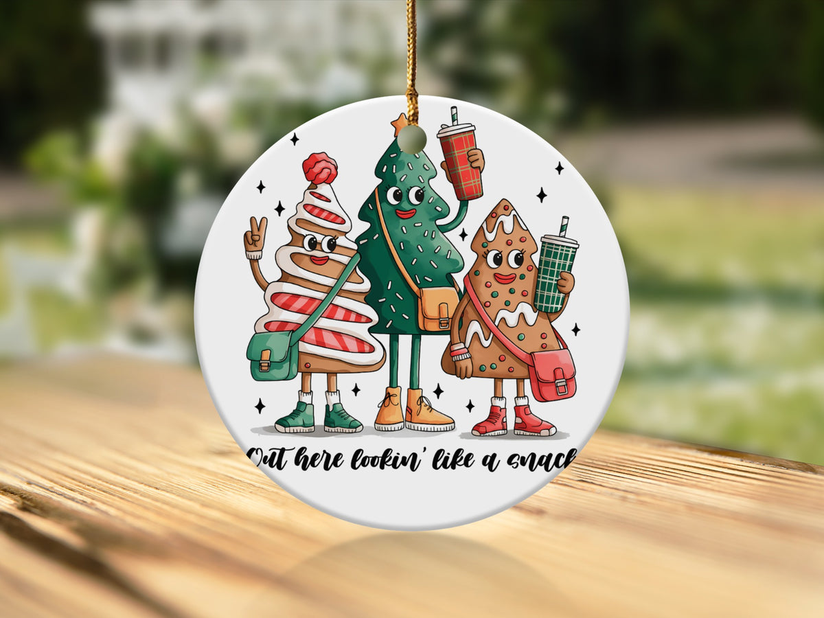 Christmas tree, gingerbread, and striped candy characters with drinks and bags, with text.