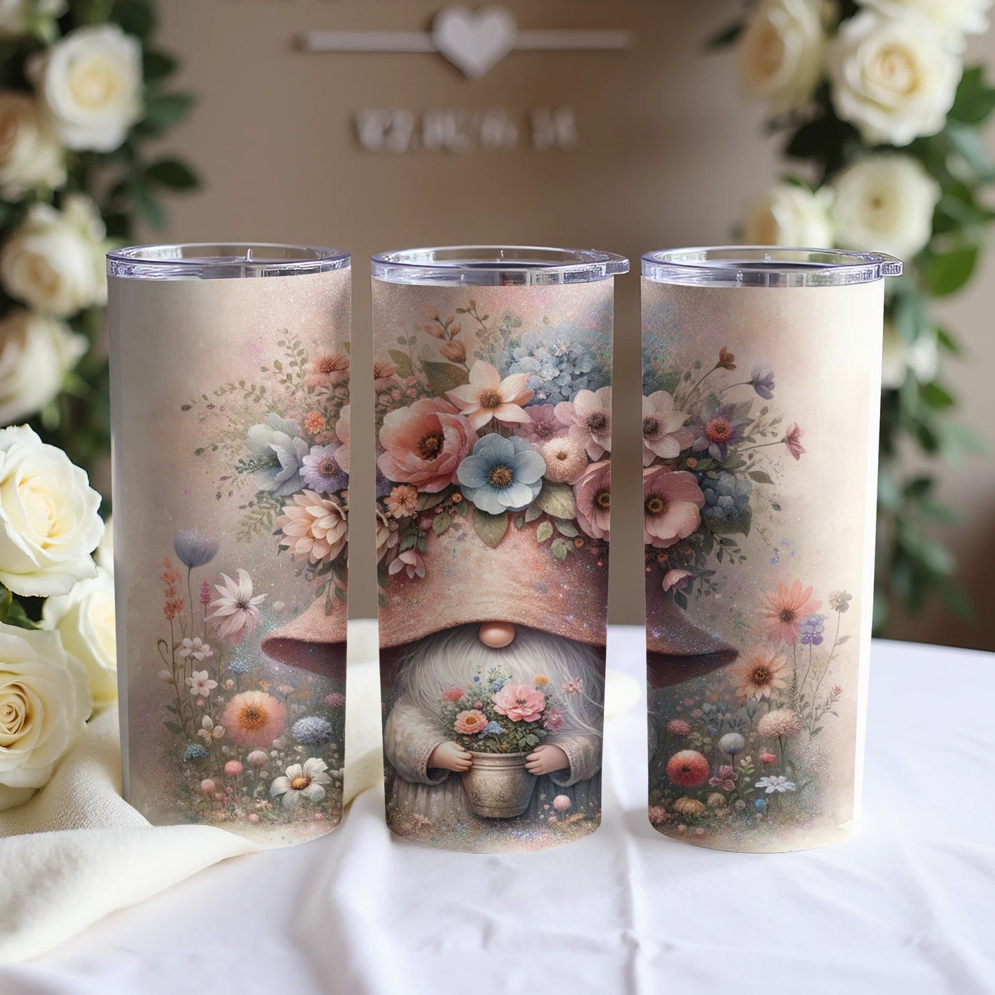 Tapered tumbler with gnome and floral design.