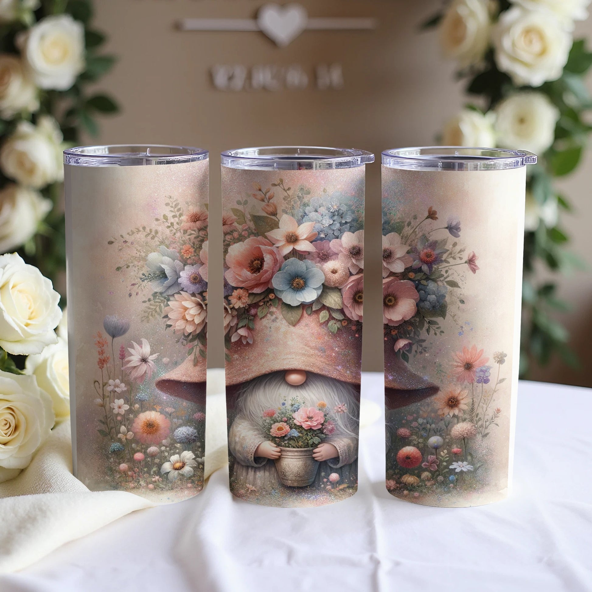 Tapered tumbler with gnome and floral design.