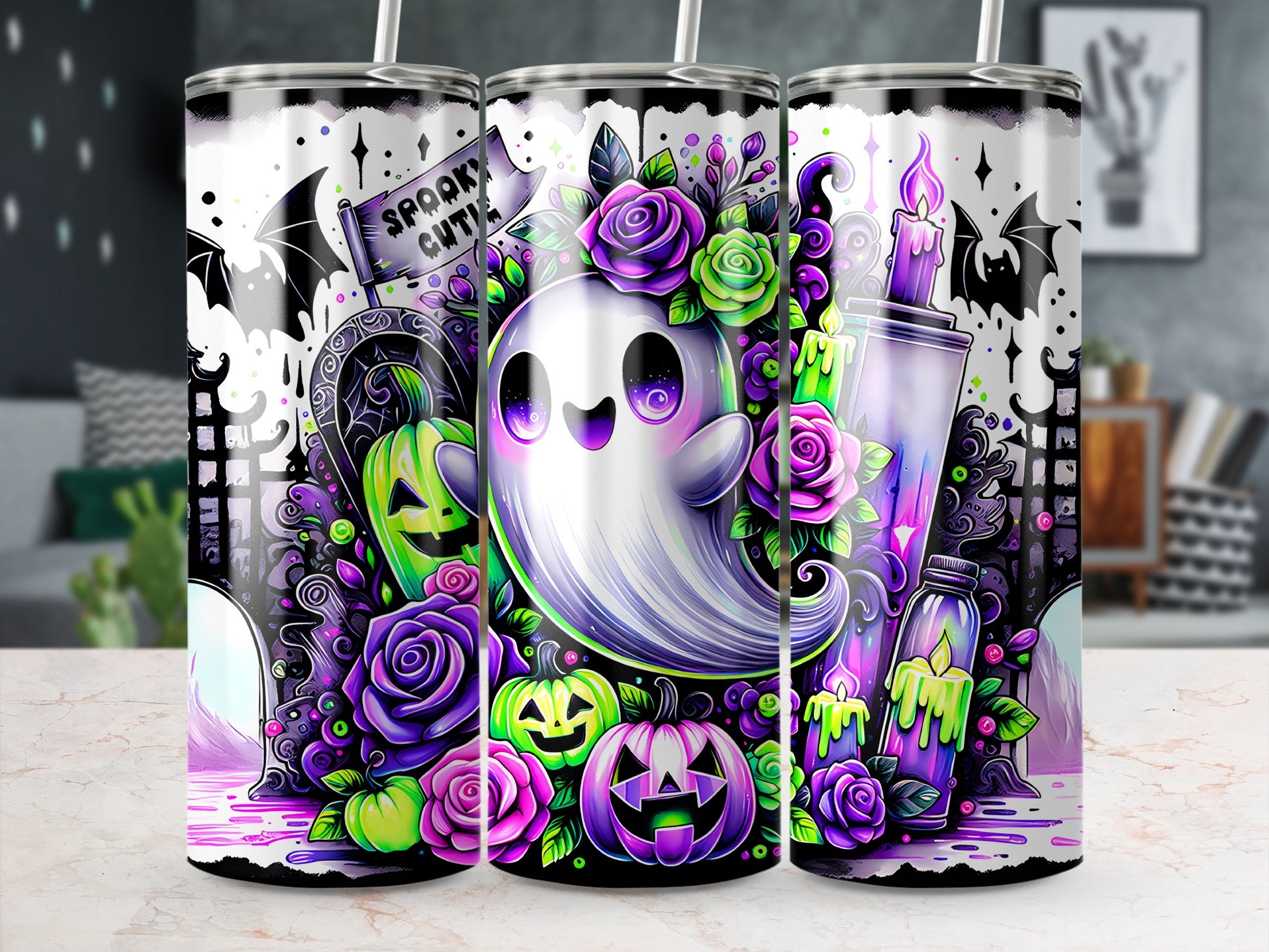 Three tumblers featuring a cute ghost, pumpkins, roses, and spooky elements.