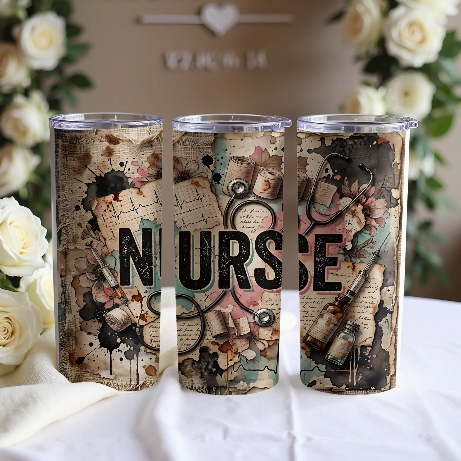 Tumbler with "NURSE" and medical graphics on a rustic background.