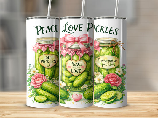 Three tumblers featuring pickle jars with "Peace Love Pickles" and "homemade pickles" text.