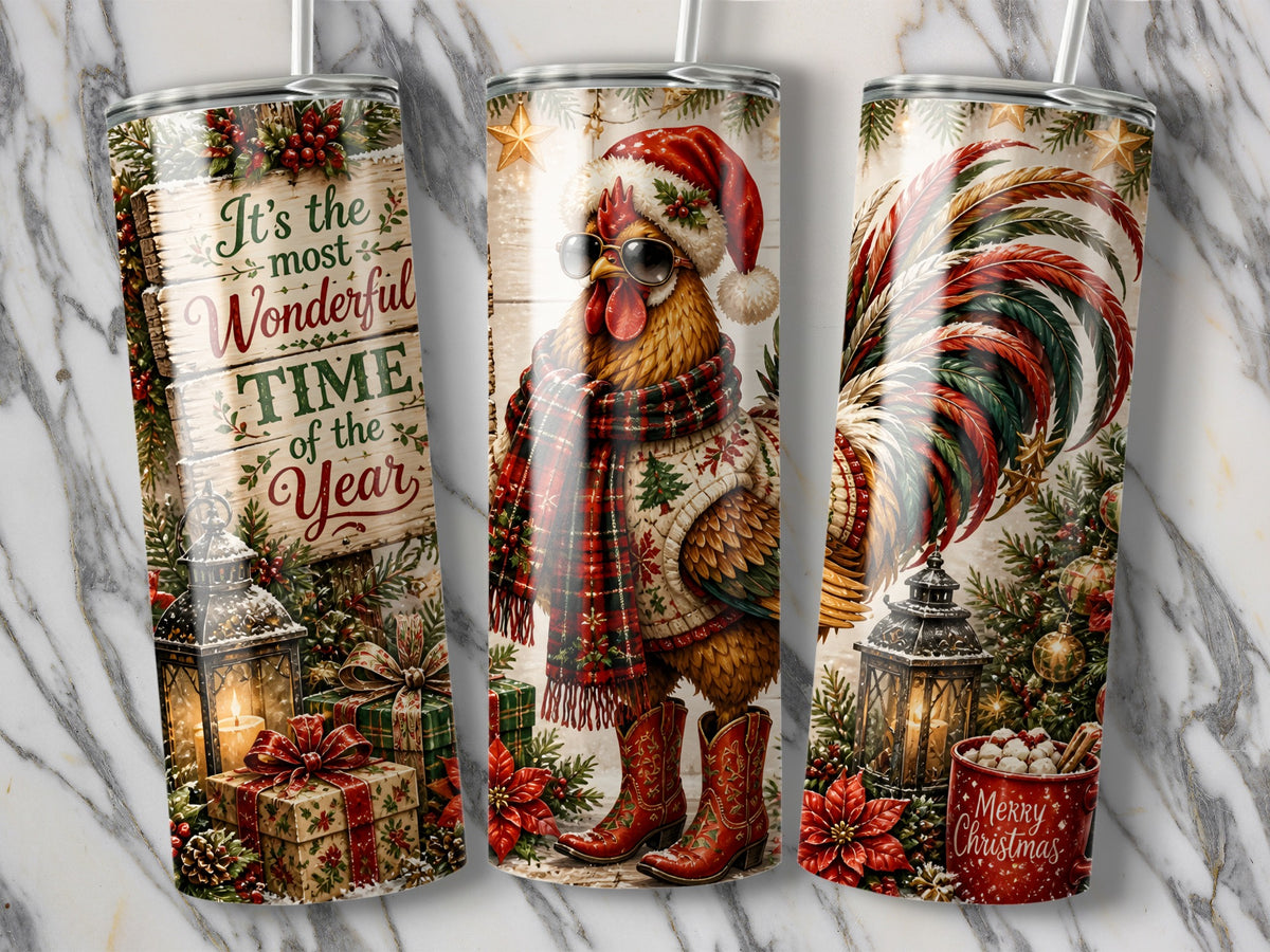 Three views of a stainless steel tumbler featuring a Christmas-themed rooster design with plaid scarf, Santa hat, and cowboy boots.