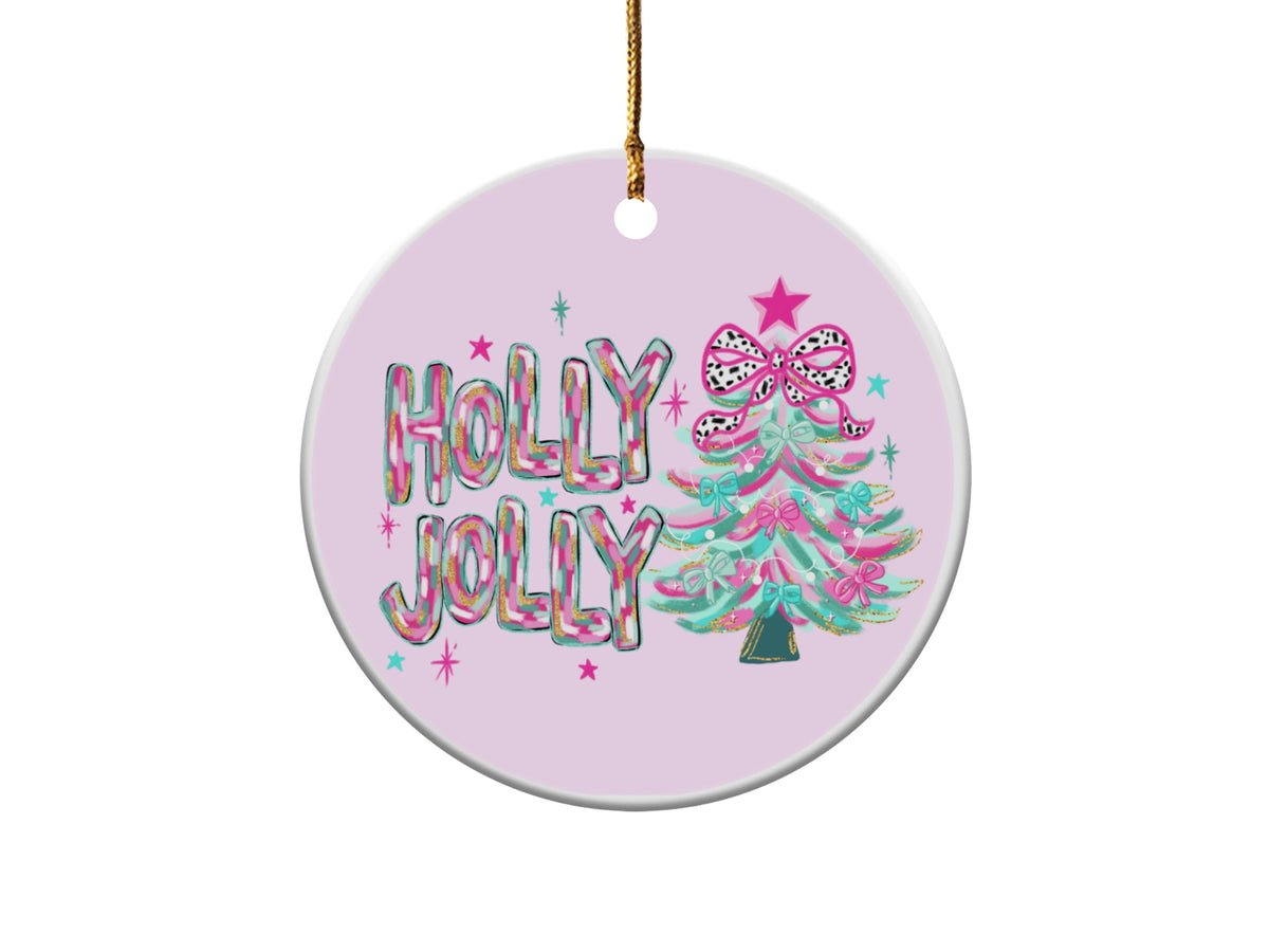 Round ornament with "HOLLY JOLLY" text and a decorative Christmas tree.