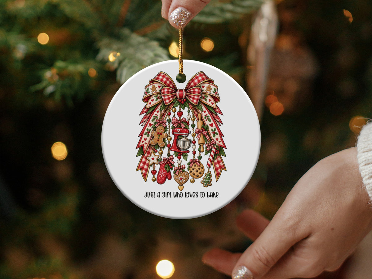 Round ornament with baking-themed decorations and text "Just a girl who loves to bake".