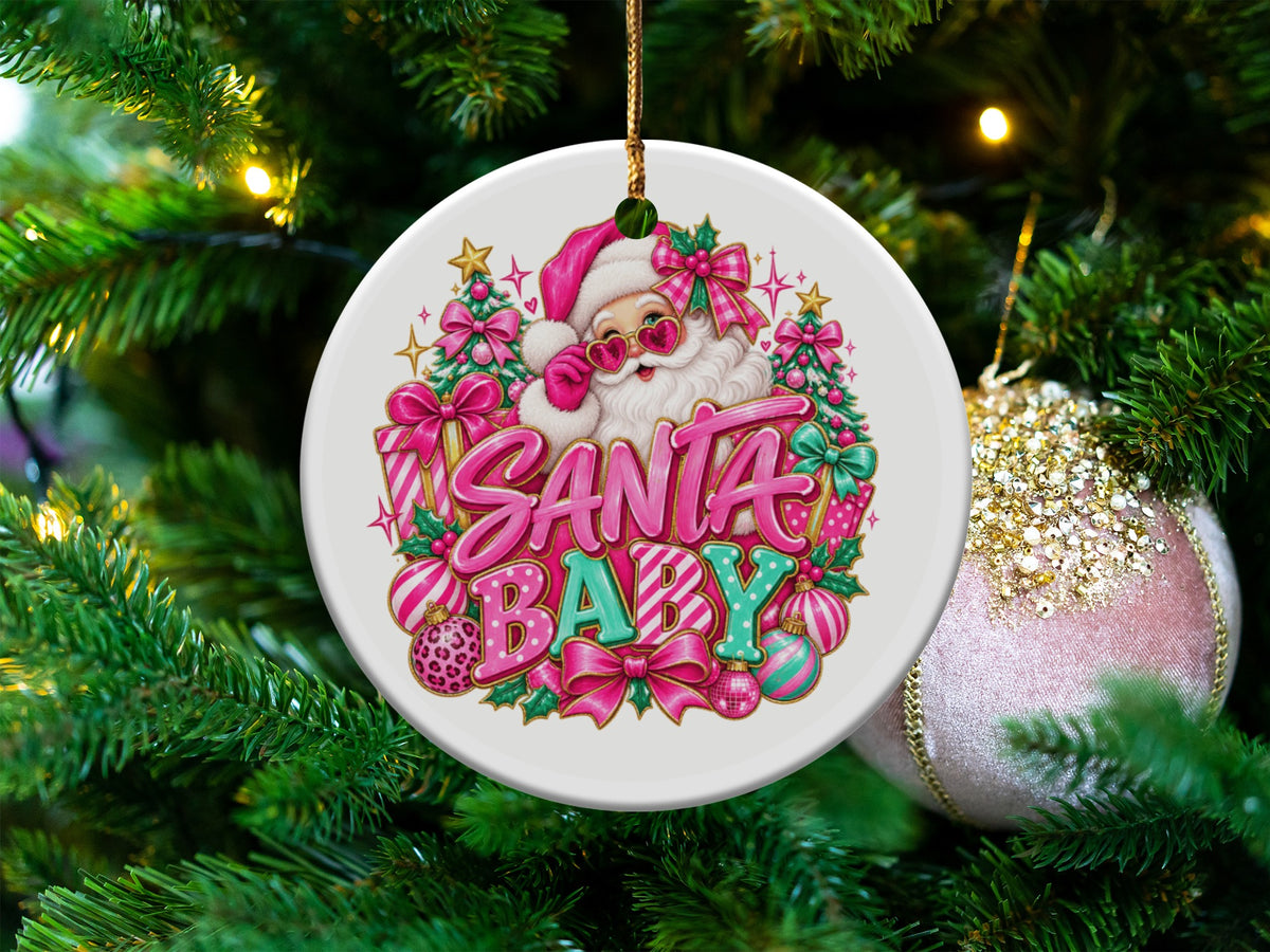 Round Christmas ornament with Santa and "Santa Baby" text on a tree.