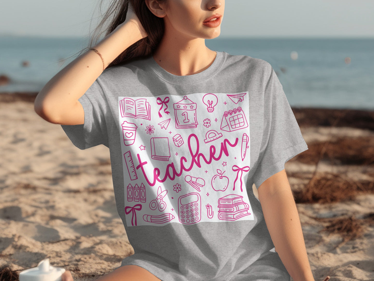 Teacher Icons and Text Design Grey T-Shirt