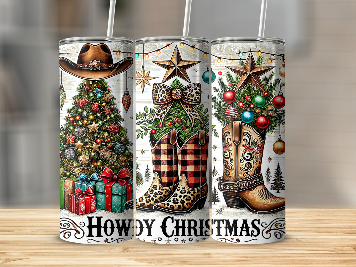 Three stainless steel tumblers with western Christmas-themed graphics featuring cowboy boots, hats, and Howdy Christmas text.
