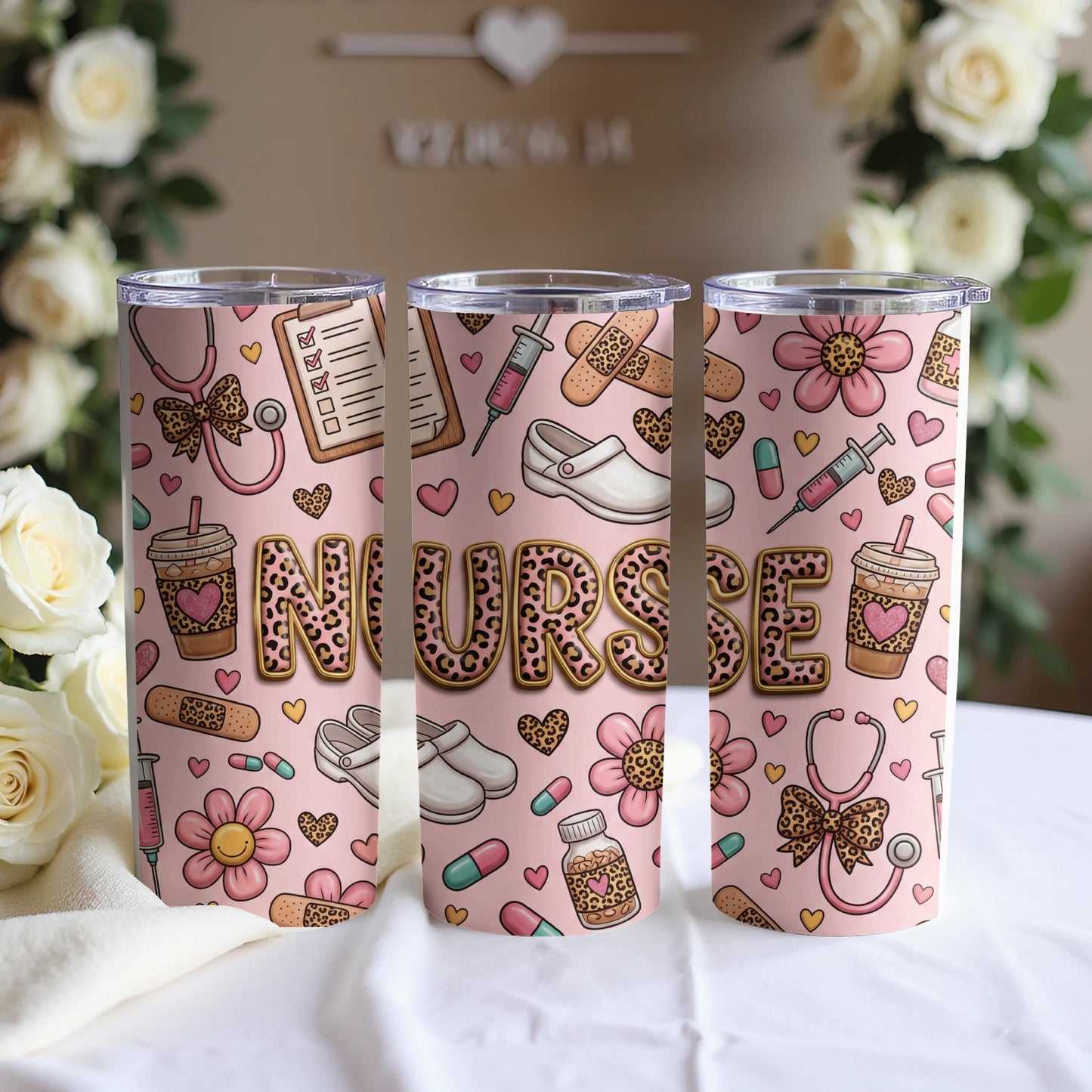 Pink tumbler with "NURSE" in leopard print and medical icons.