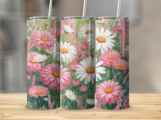 Three tumblers with a pink and white daisy and floral pattern.