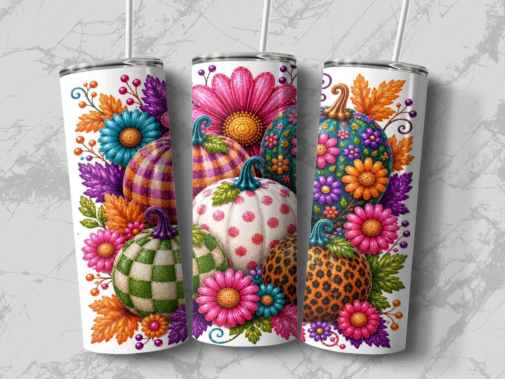 Three tumblers with floral and pumpkin designs, including plaid, polka dot, checkerboard, and leopard prints.