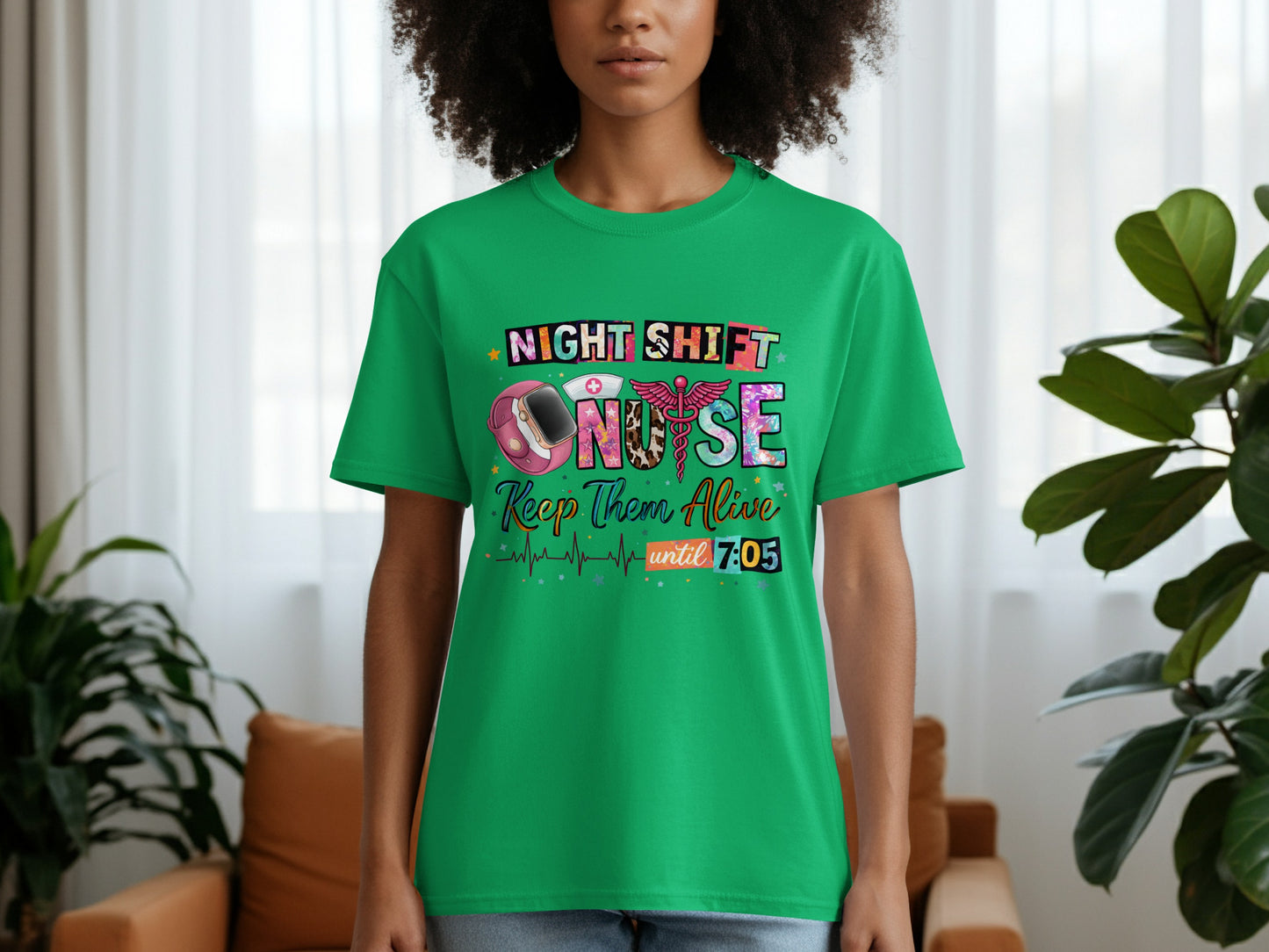 Green t-shirt with "NIGHT SHIFT NURSE until 7:05" text and medical icons.