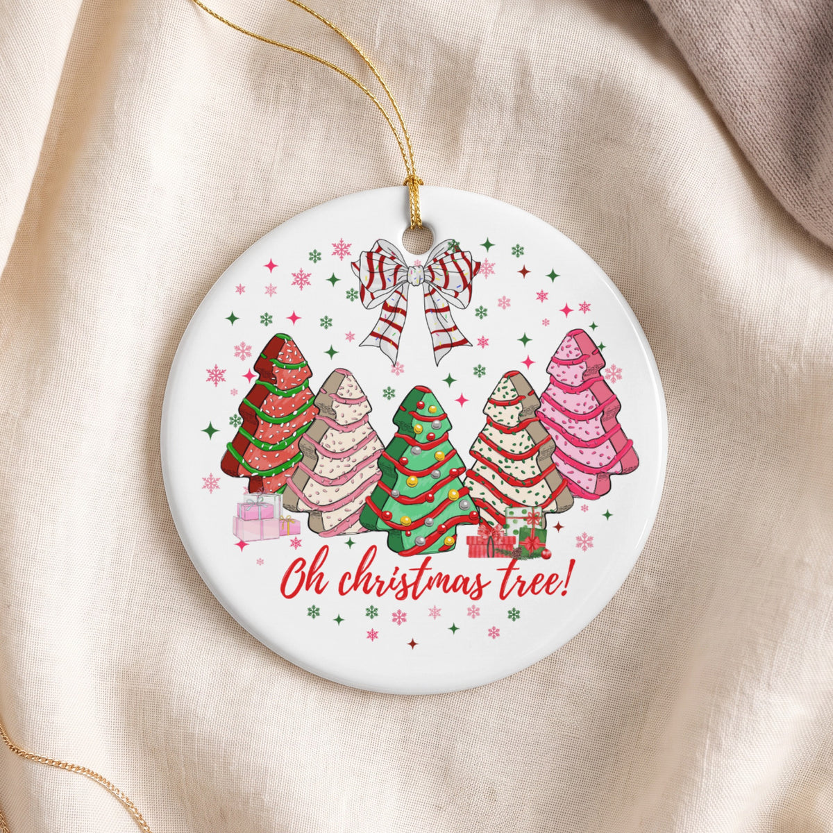 Round ornament with cartoon Christmas trees, presents, bow, and text "Oh christmas tree!".