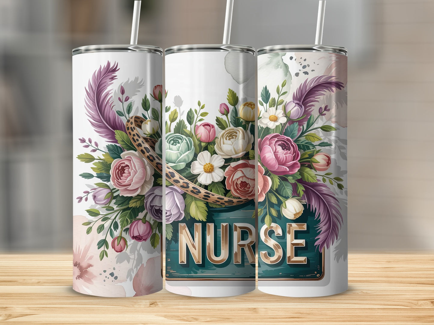 Floral nurse tumbler with leopard print accents and feathers.