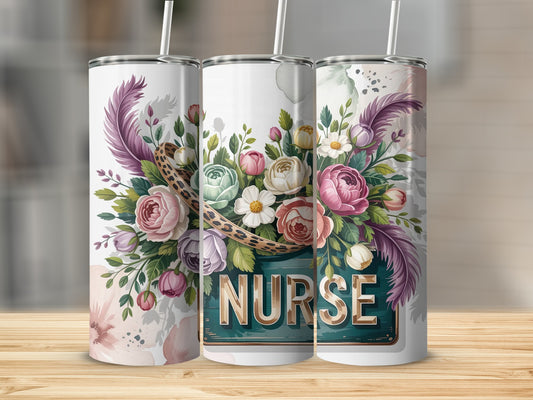 Floral nurse tumbler with leopard print accents and feathers.