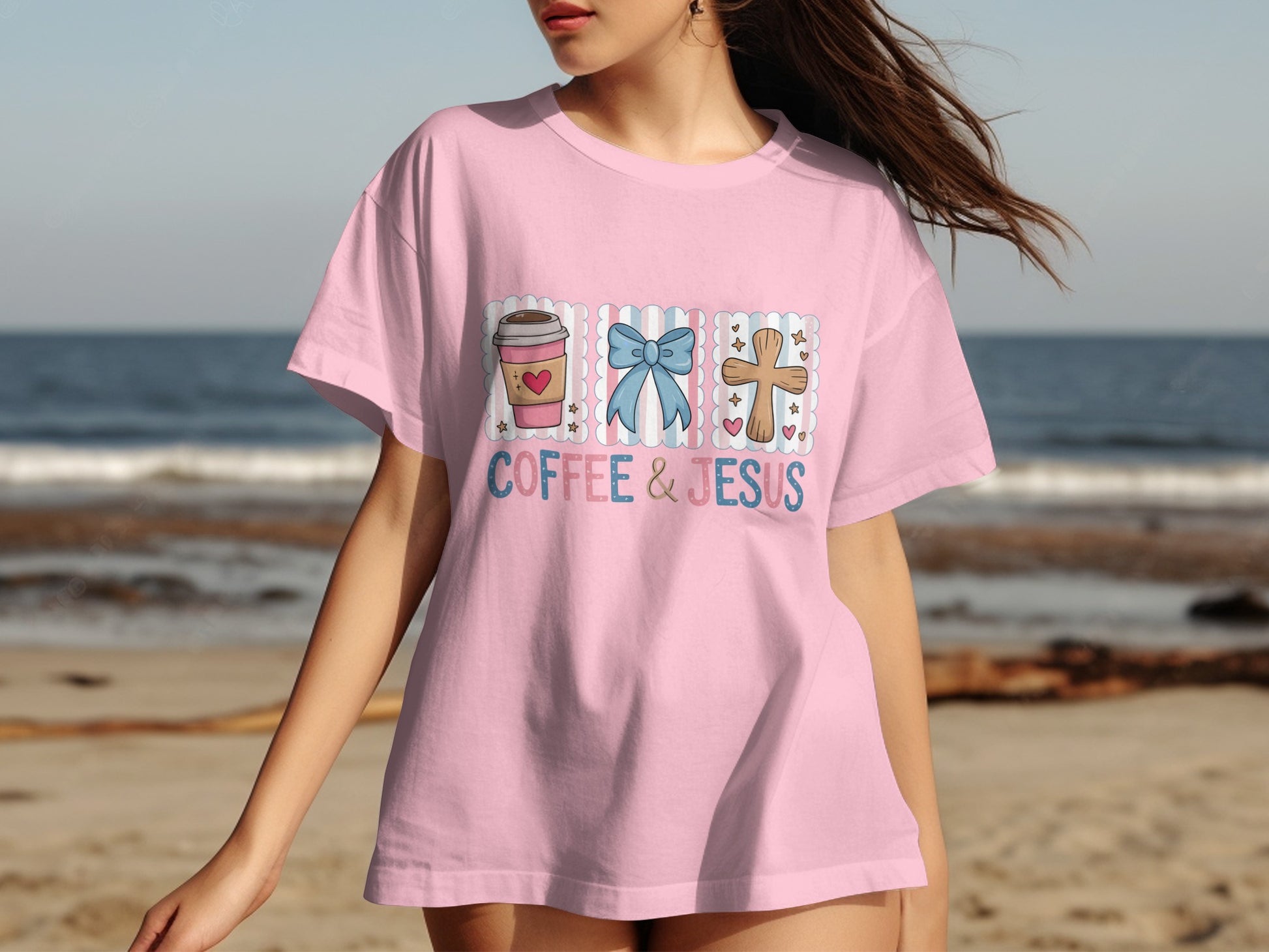 Pink t-shirt with "Coffee & Jesus" and graphics of a coffee cup, bow, and cross.