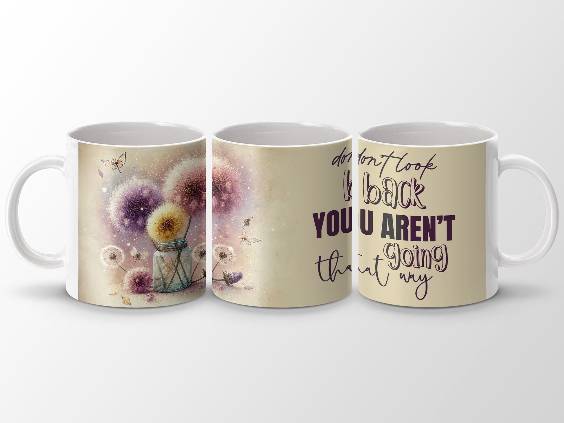 Don't Look Back Inspirational Dandelion Butterflies product type
Dandelion Mug, Butterfly Design, Inspirational Quote, Motivation Mug, Positive Affirmation, Floral Mug, Gift Idea, Unique Mug, Watercolor Art, Whimsical Design, Coffee Cup, Tea Mug, Home Decor, Kitchenware, Drinkware, Nature Inspired, Dandelion Art, Quote Mug, Birthday Gift, Encouragement Gift