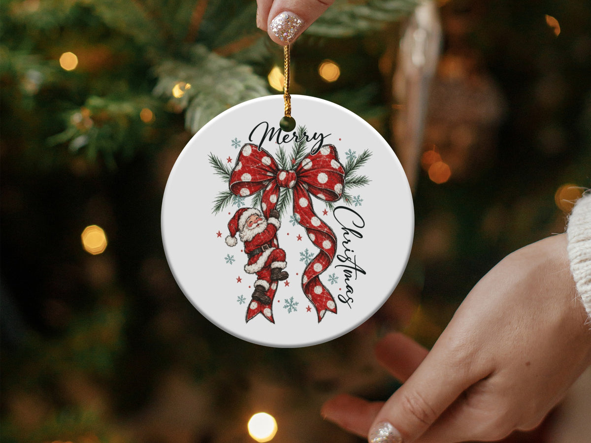 Round ornament with Santa, red polka dot bow, and "Merry Christmas" text.