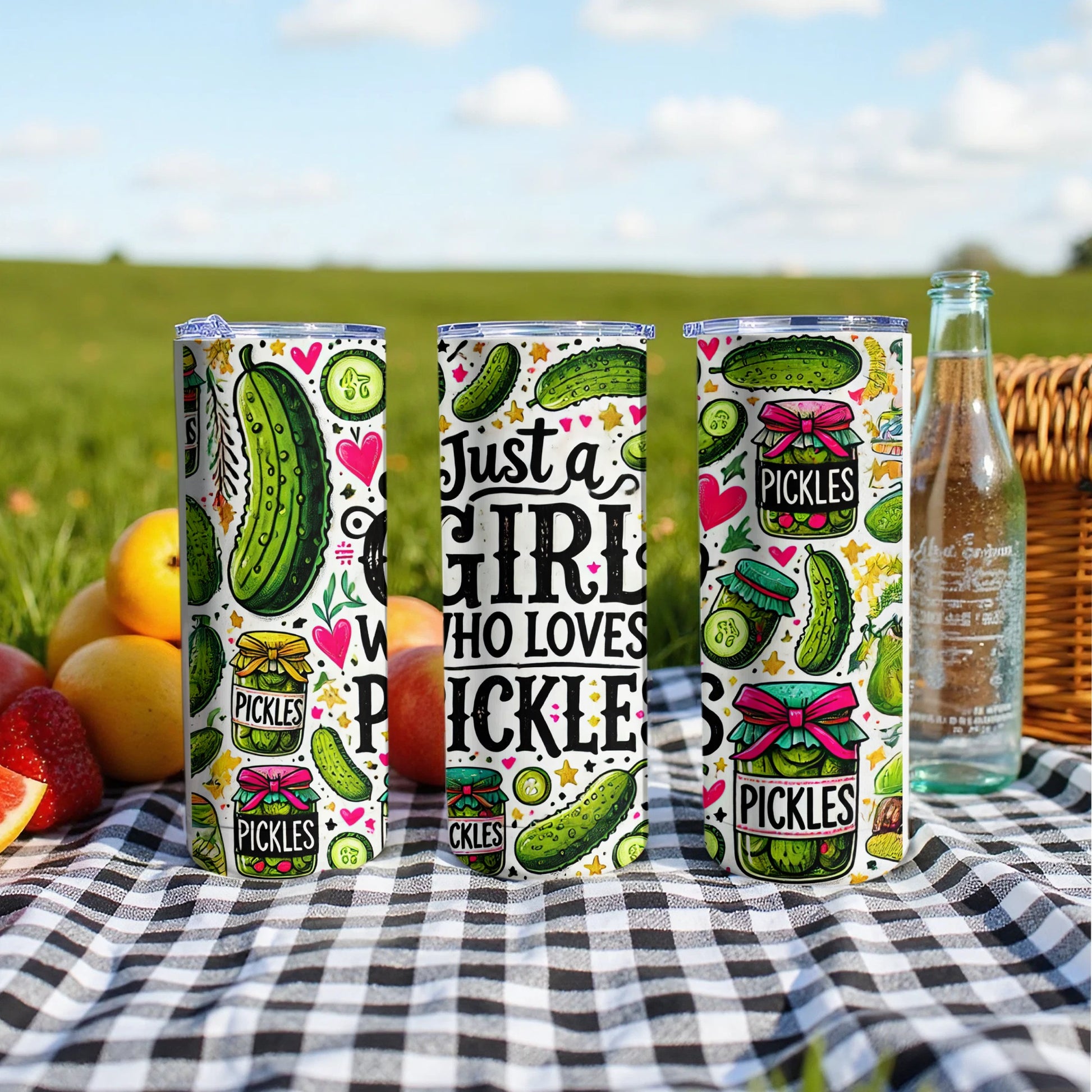 Three pickle-themed tumblers with text "Just a girl who loves pickles".