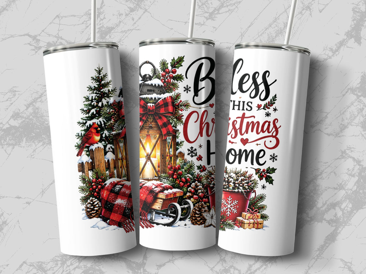 Three white travel tumblers featuring a watercolor Christmas design with a lantern, cardinal, and text saying Bless This Christmas Home.