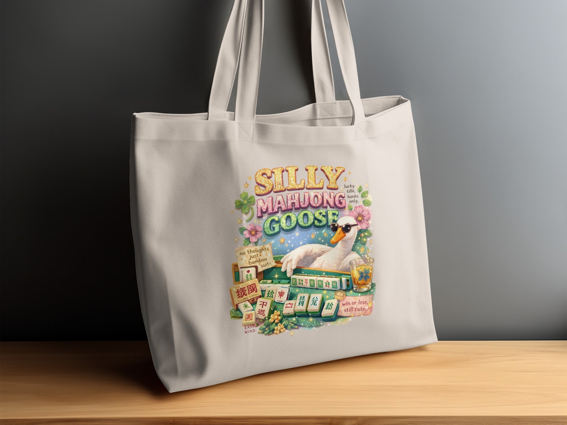 Tote bag with "Silly Mahjong Goose" design featuring a goose playing mahjong.