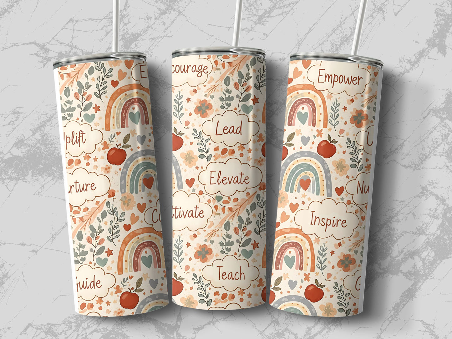 Three tumblers with rainbow and floral designs, featuring words like "uplift" and "courage."