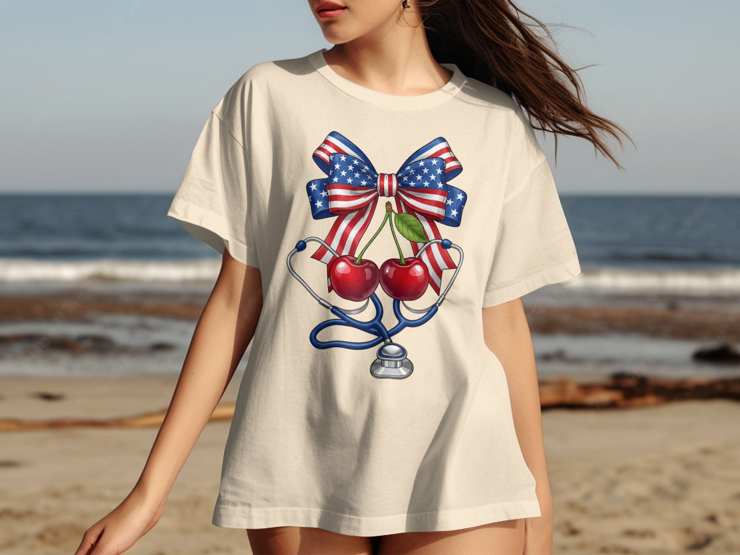 Cream t-shirt with patriotic bow and stethoscope featuring cherries.