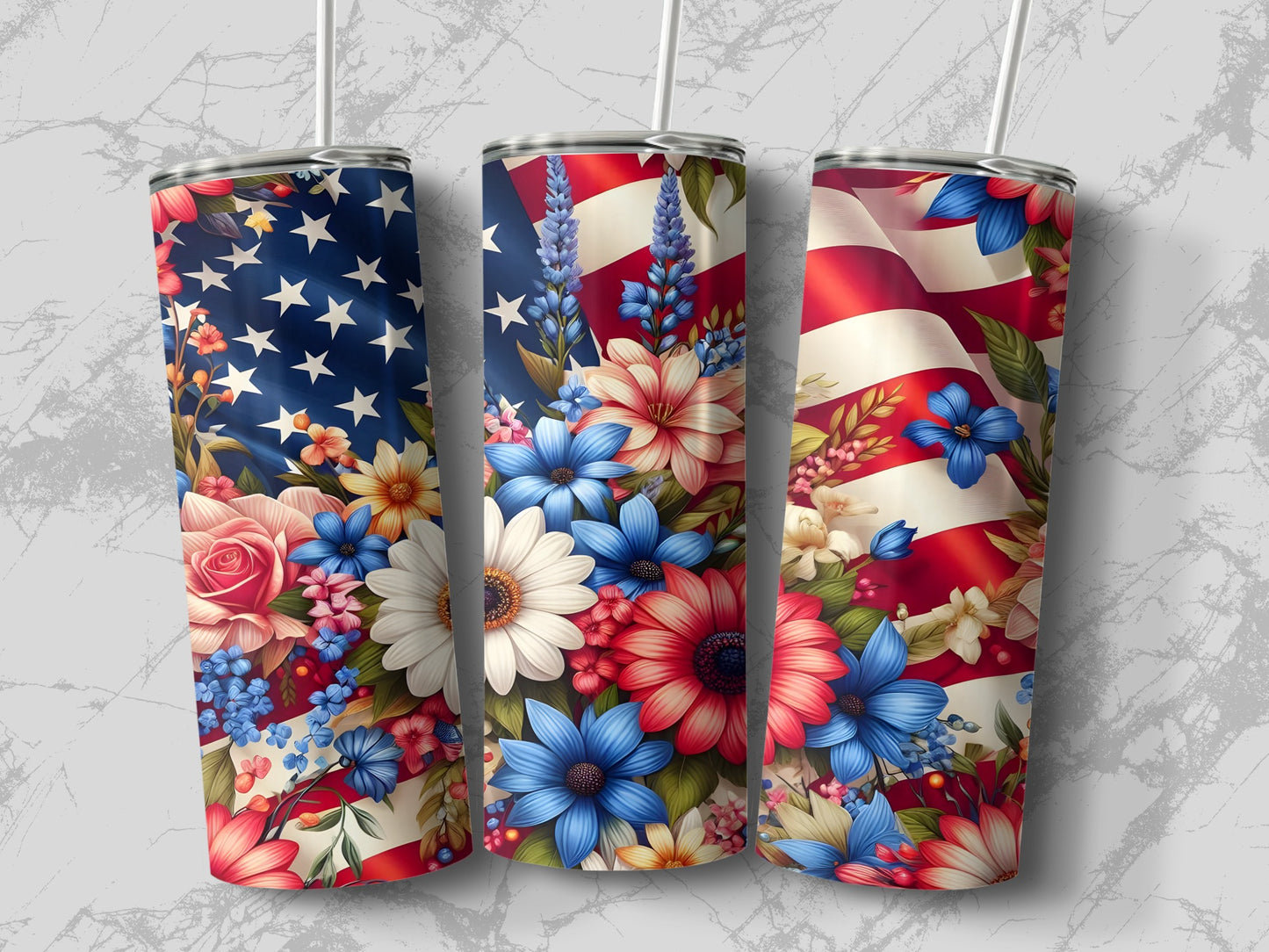 Three tumblers with American flag and floral designs.