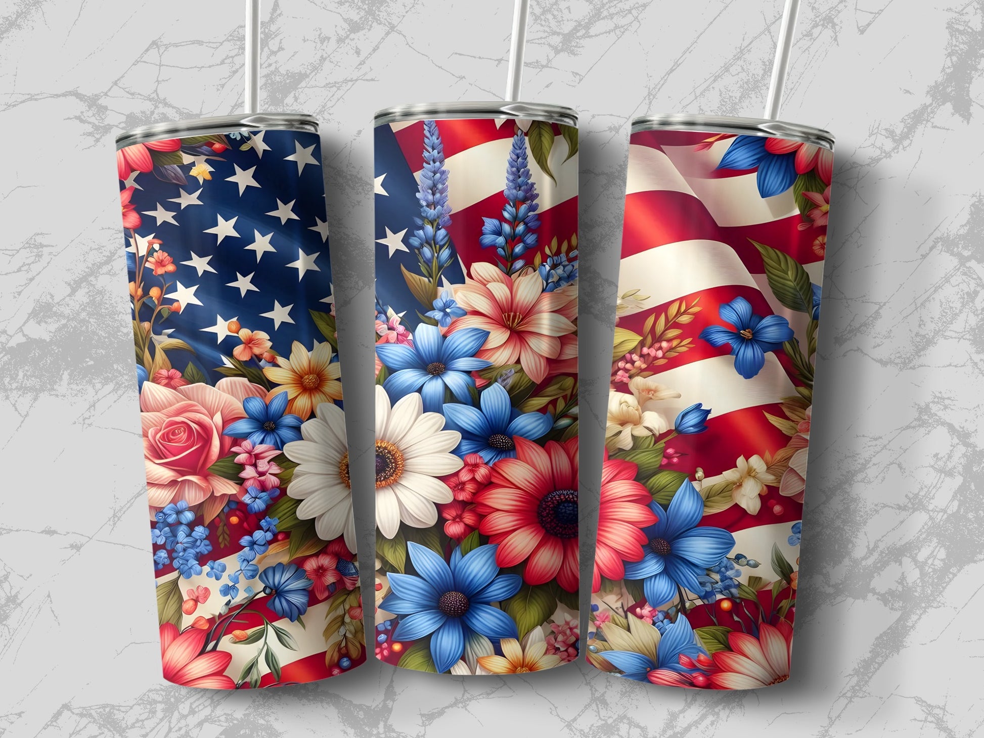 Three tumblers with American flag and floral designs.