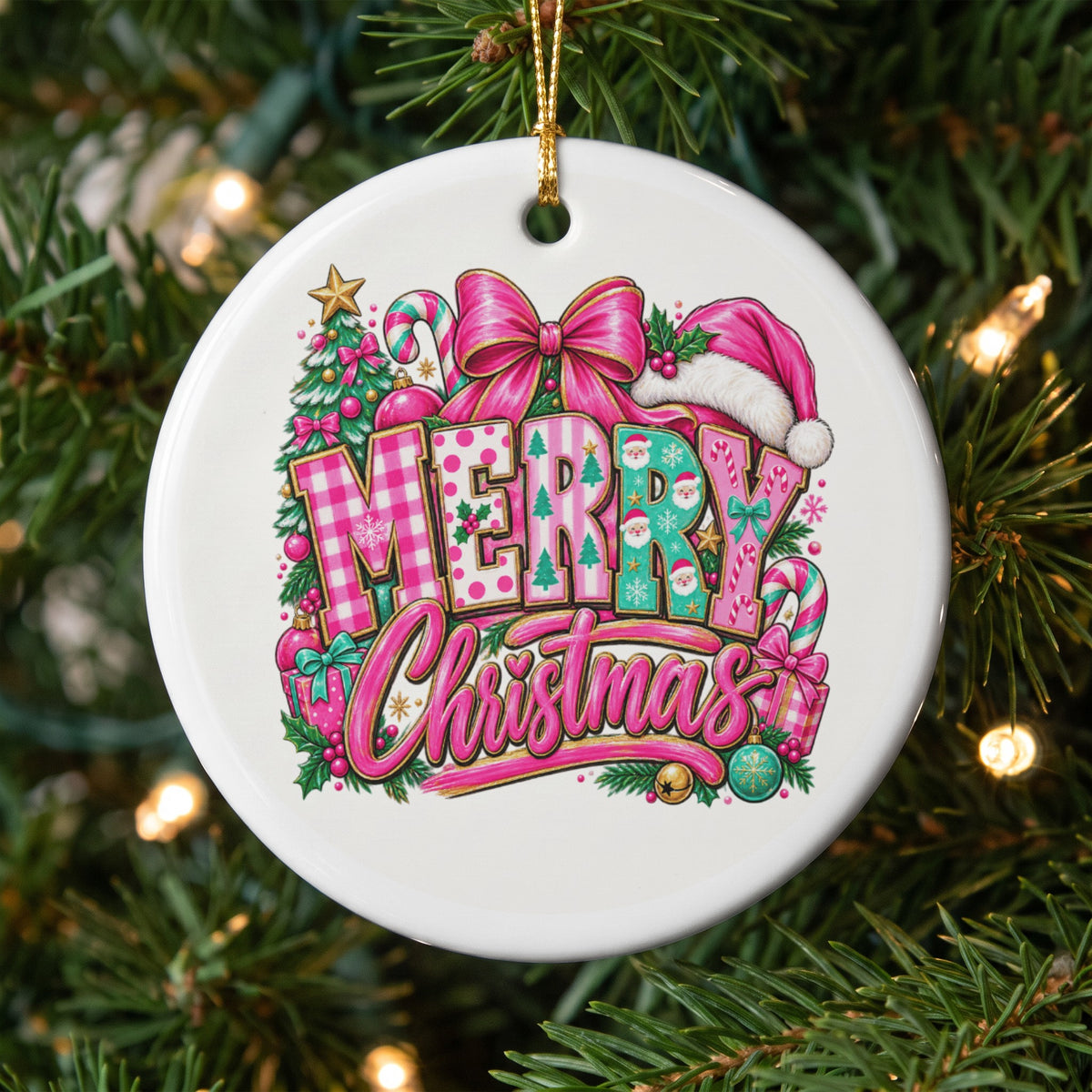 Round ornament with "Merry Christmas" text, Santa faces, trees, and gifts.