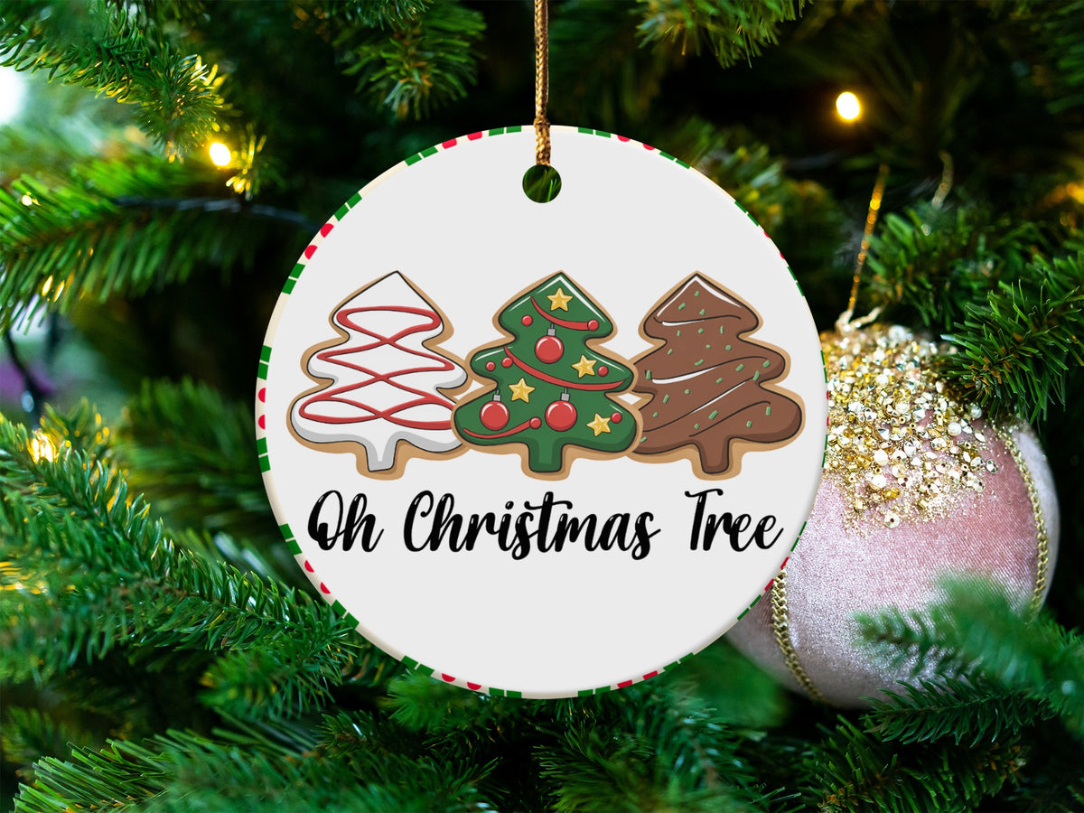 Round ornament with three Christmas tree cookies and "Oh Christmas Tree" text.