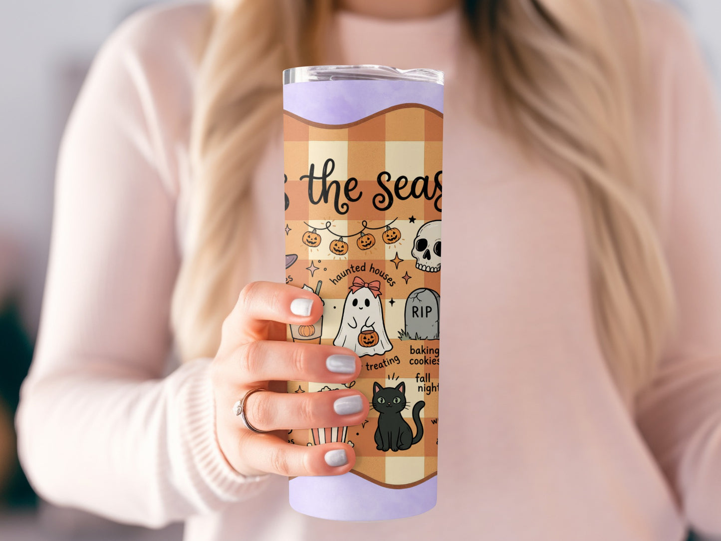 Tumbler with Halloween graphics: spooky season, ghost, skull, black cat, haunted houses, pumpkin.