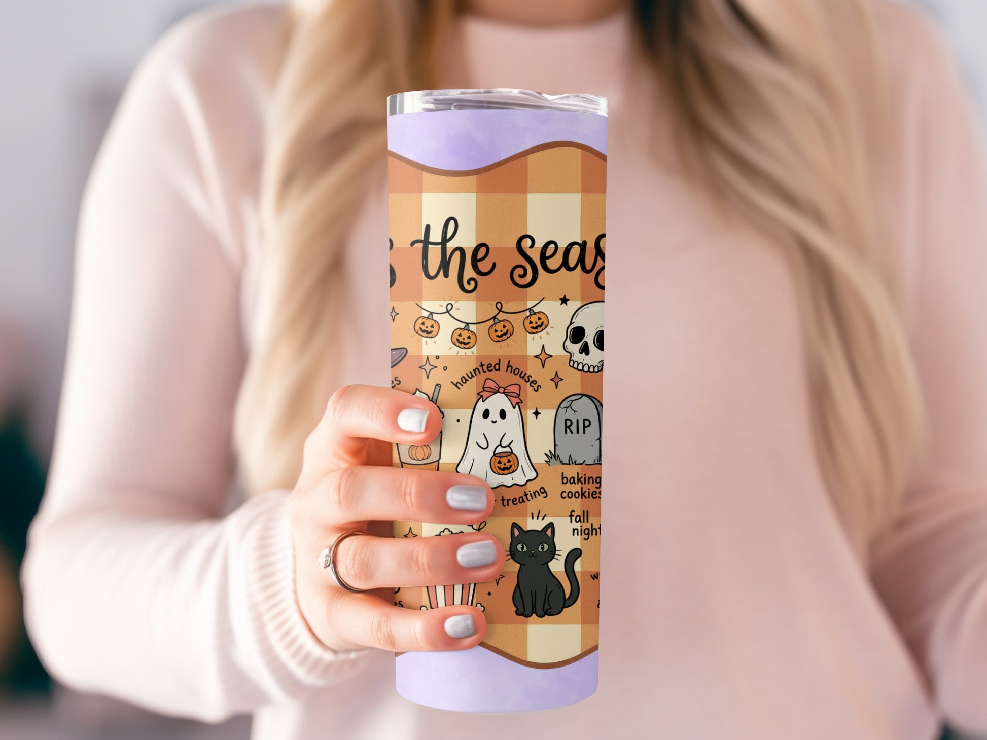 Tumbler with Halloween graphics: spooky season, ghost, skull, black cat, haunted houses, pumpkin.