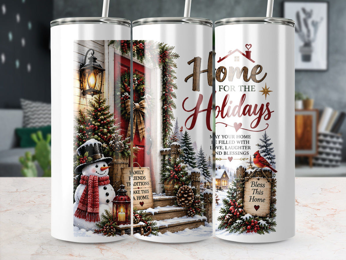 Three white insulated tumblers display a festive holiday design featuring a snowman, winter scenery, and Christmas text.