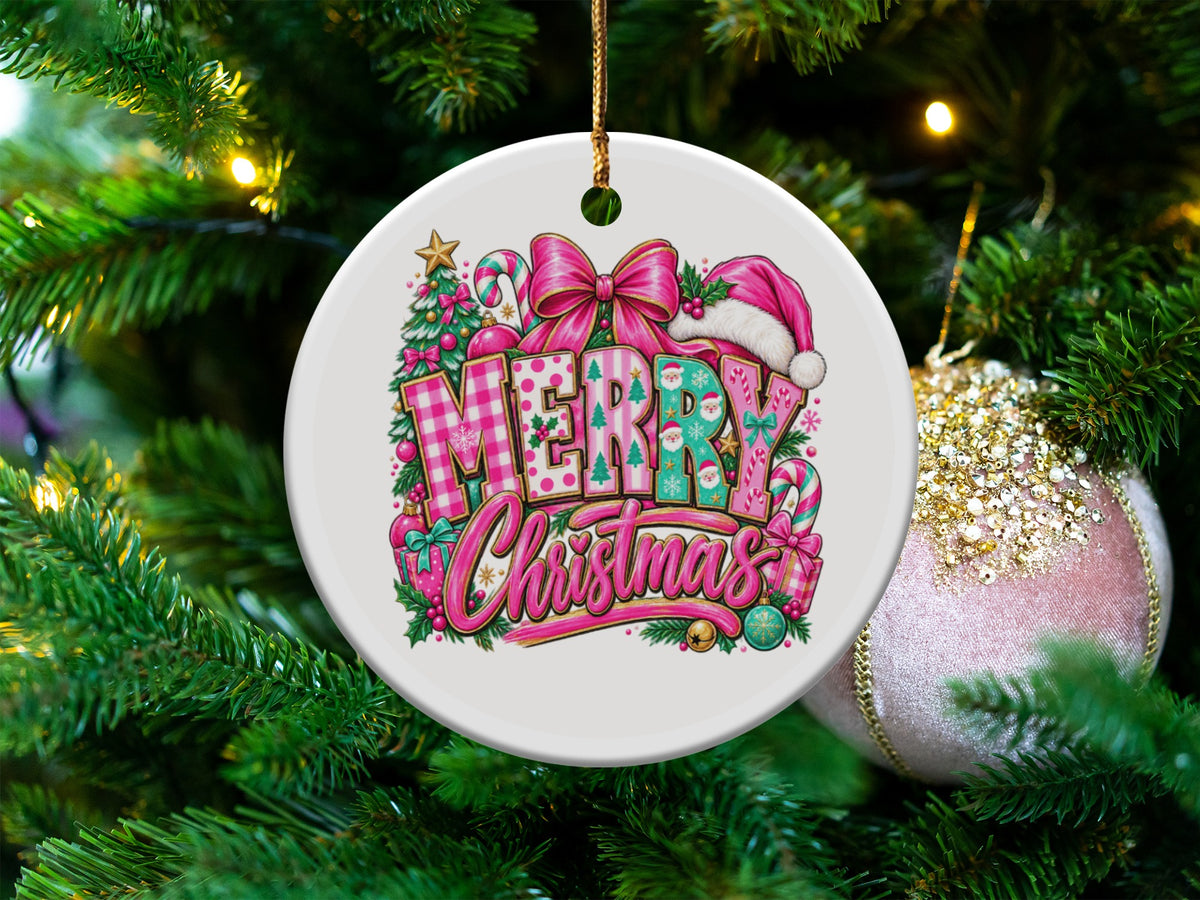 Round ornament with "Merry Christmas" in festive, patterned letters surrounded by holiday icons.