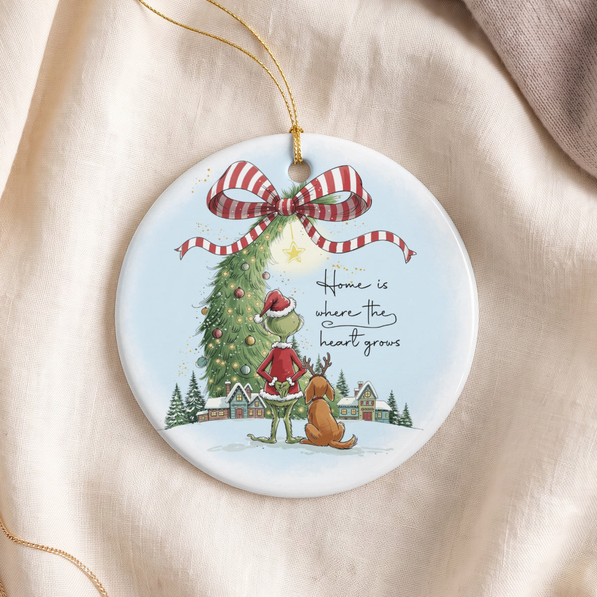 Grinch and dog ornament with Christmas tree and text "Home is where the heart grows".