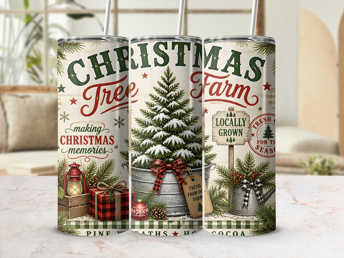 Three tall stainless steel tumblers stand on a counter, featuring a vintage Christmas tree farm design with snow-covered trees and plaid accents.