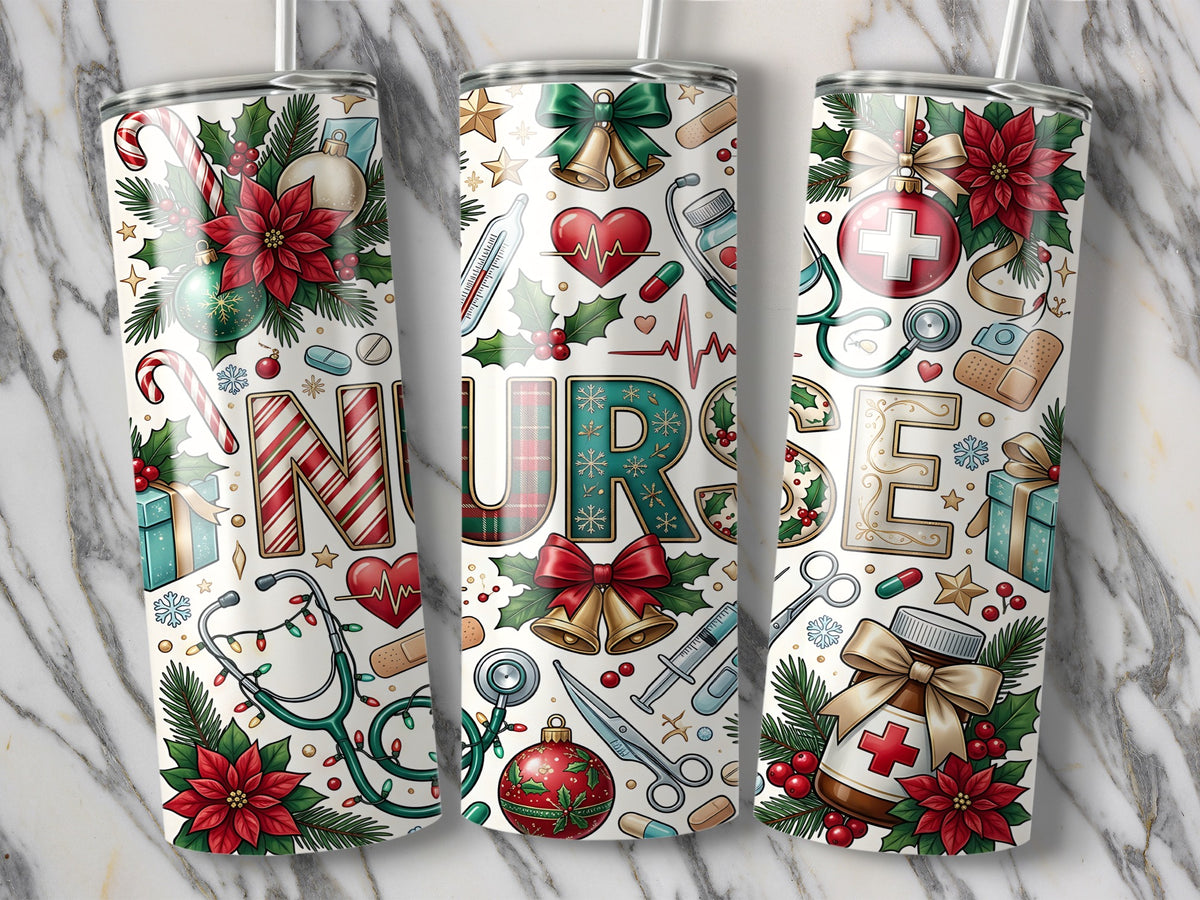 Three stainless steel tumblers feature a repeating Christmas and nurse-themed pattern against a white background.