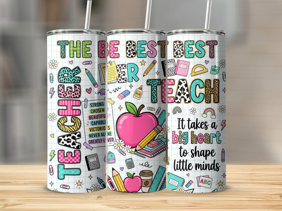 Three tall metal tumblers with teacher-themed designs, including apples, pencils, and inspirational text on grid paper backgrounds.