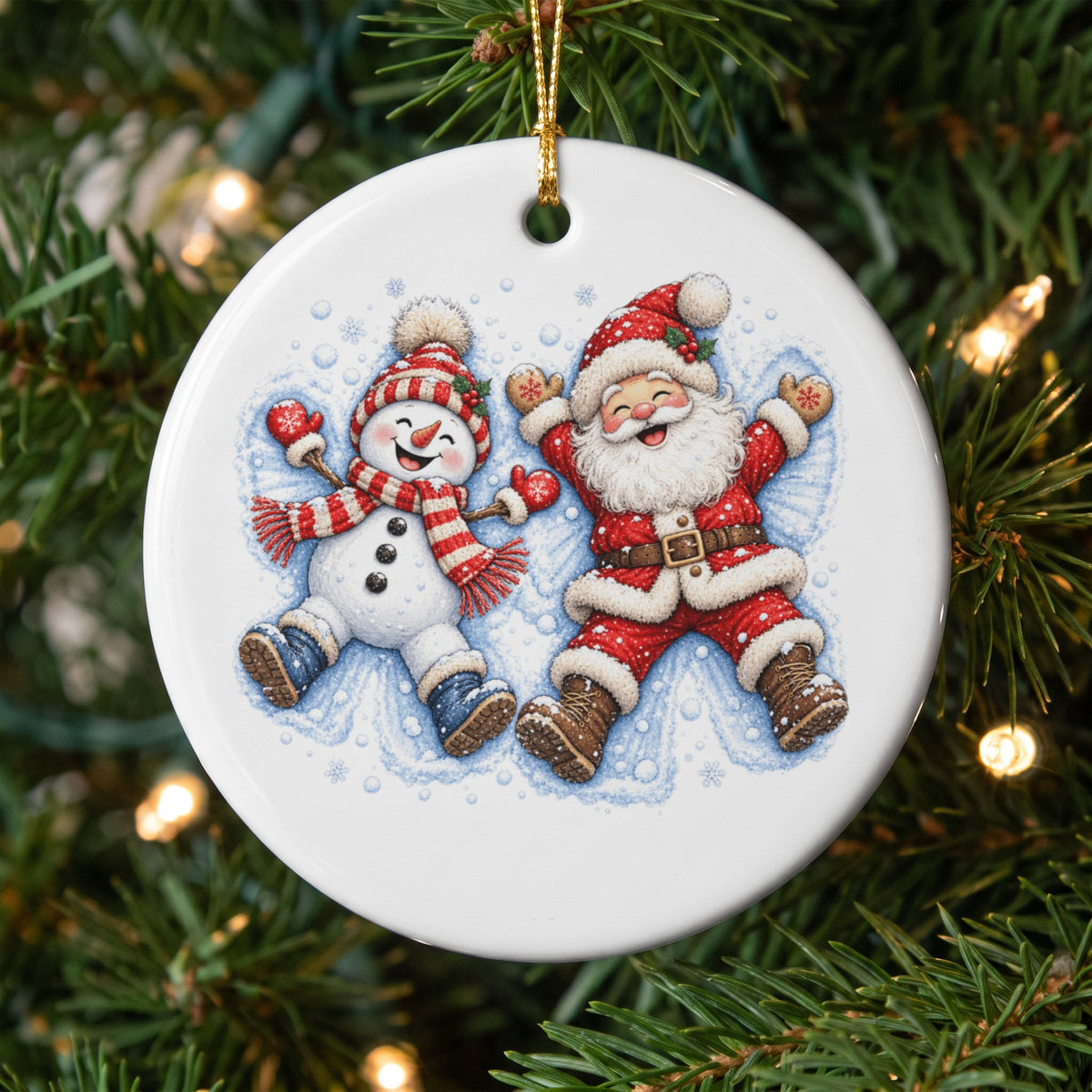 Round ornament with Santa and a snowman making snow angels on a Christmas tree.