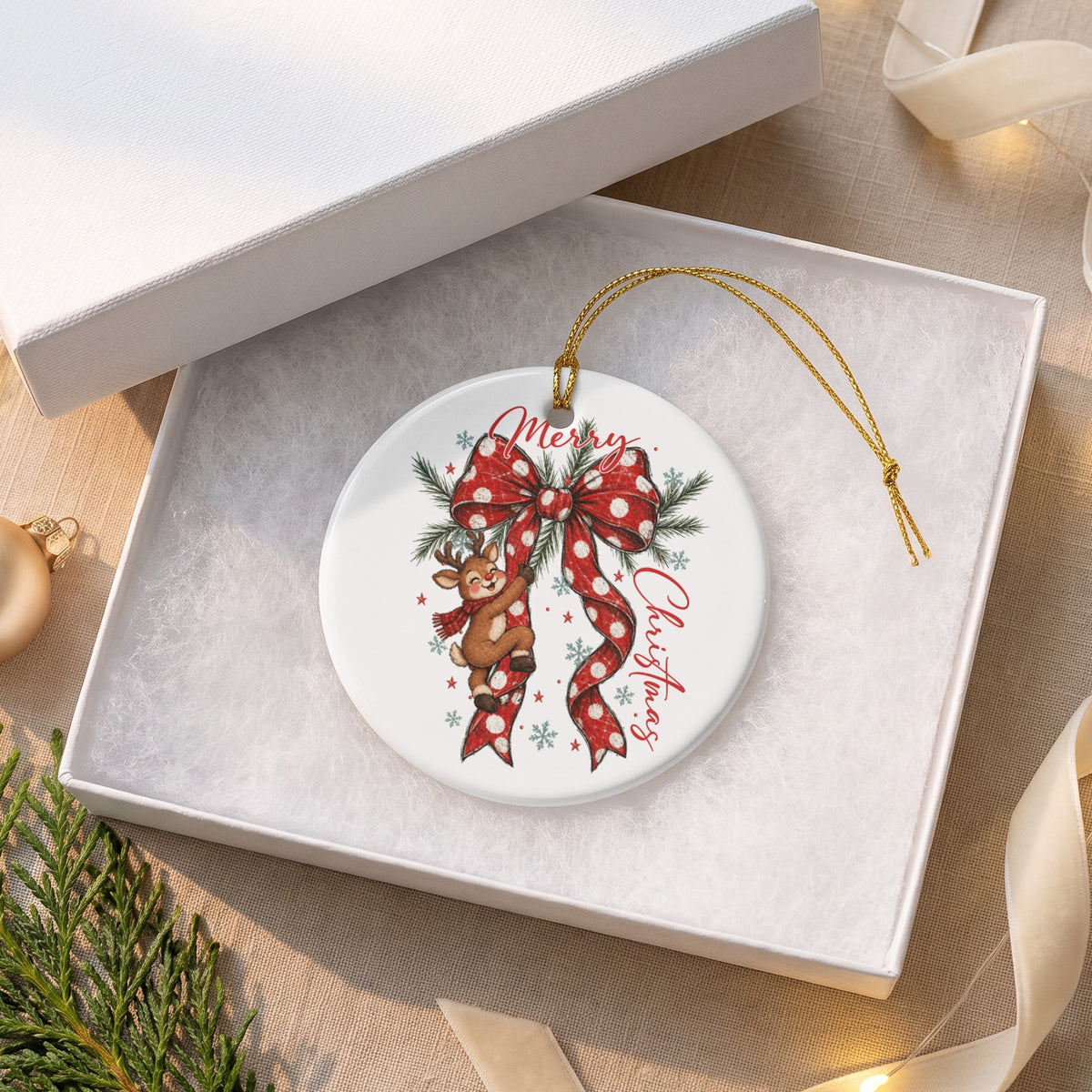 Round Christmas ornament with reindeer and red polka dot bow, in a gift box.
