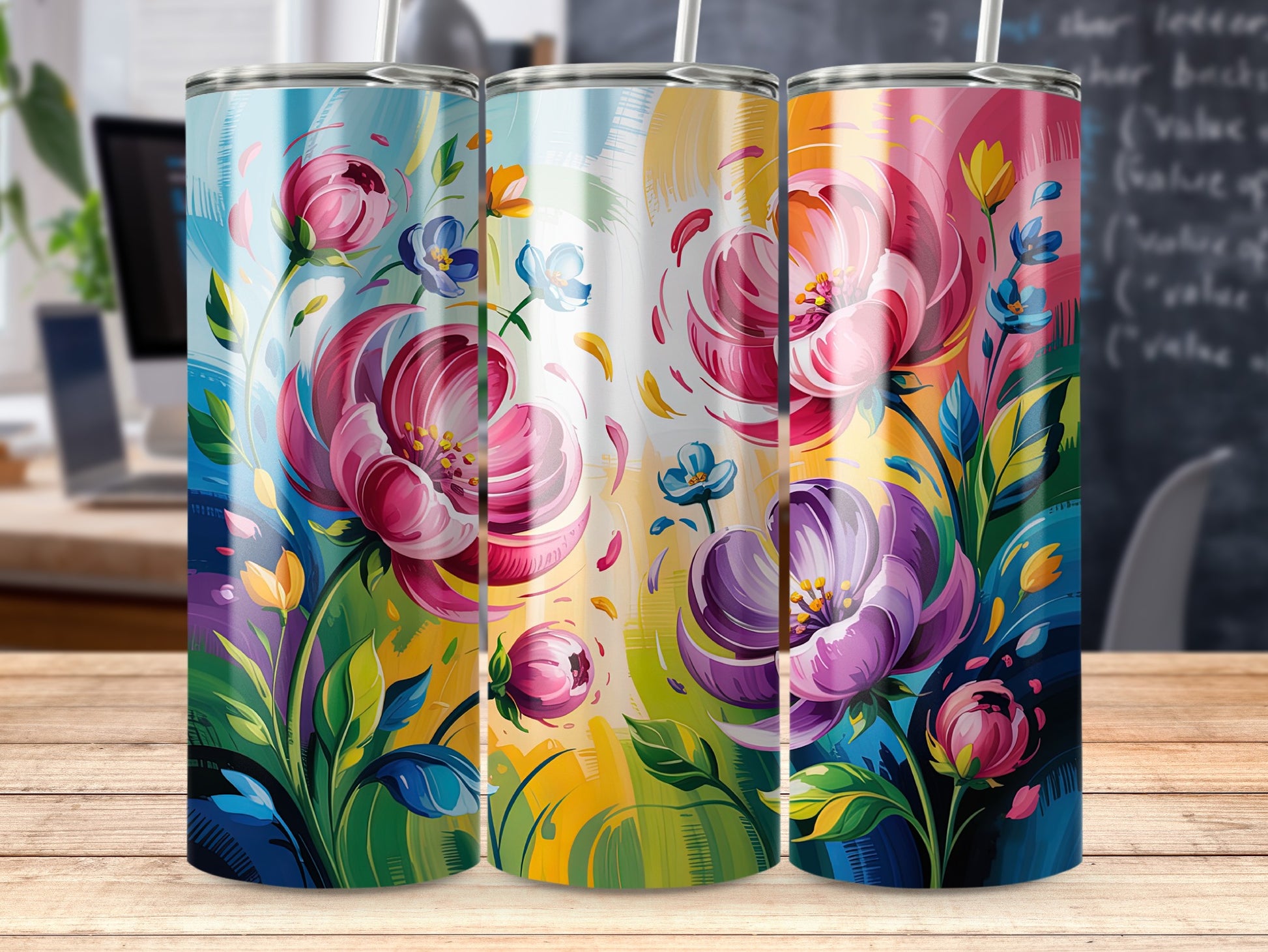 Three tumblers with colorful abstract floral designs.