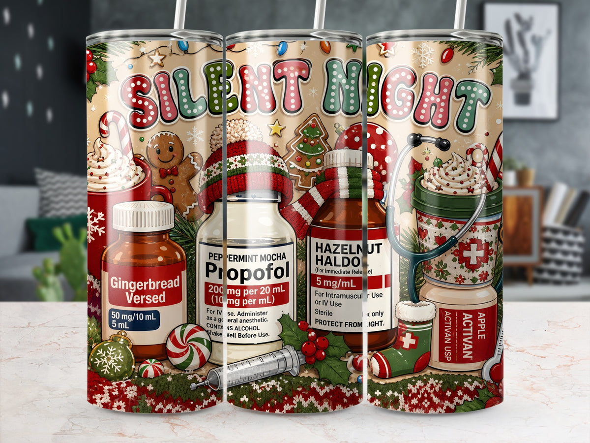 Three cylindrical tumblers feature a Christmas medical design with the text SILENT NIGHT alongside prescription bottles, candy canes, gingerbread cookies, and stethoscopes.