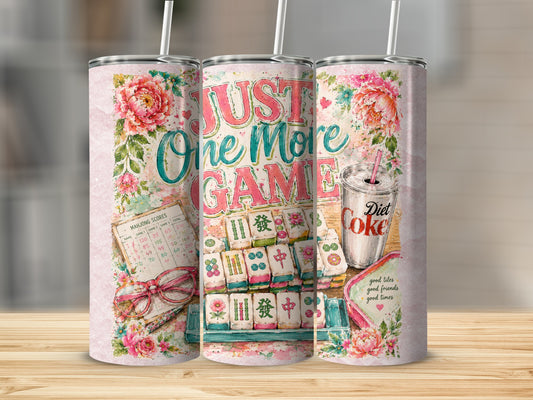 Tumbler with Mahjong tiles, a scorecard, glasses, and "Just One More Game" text.