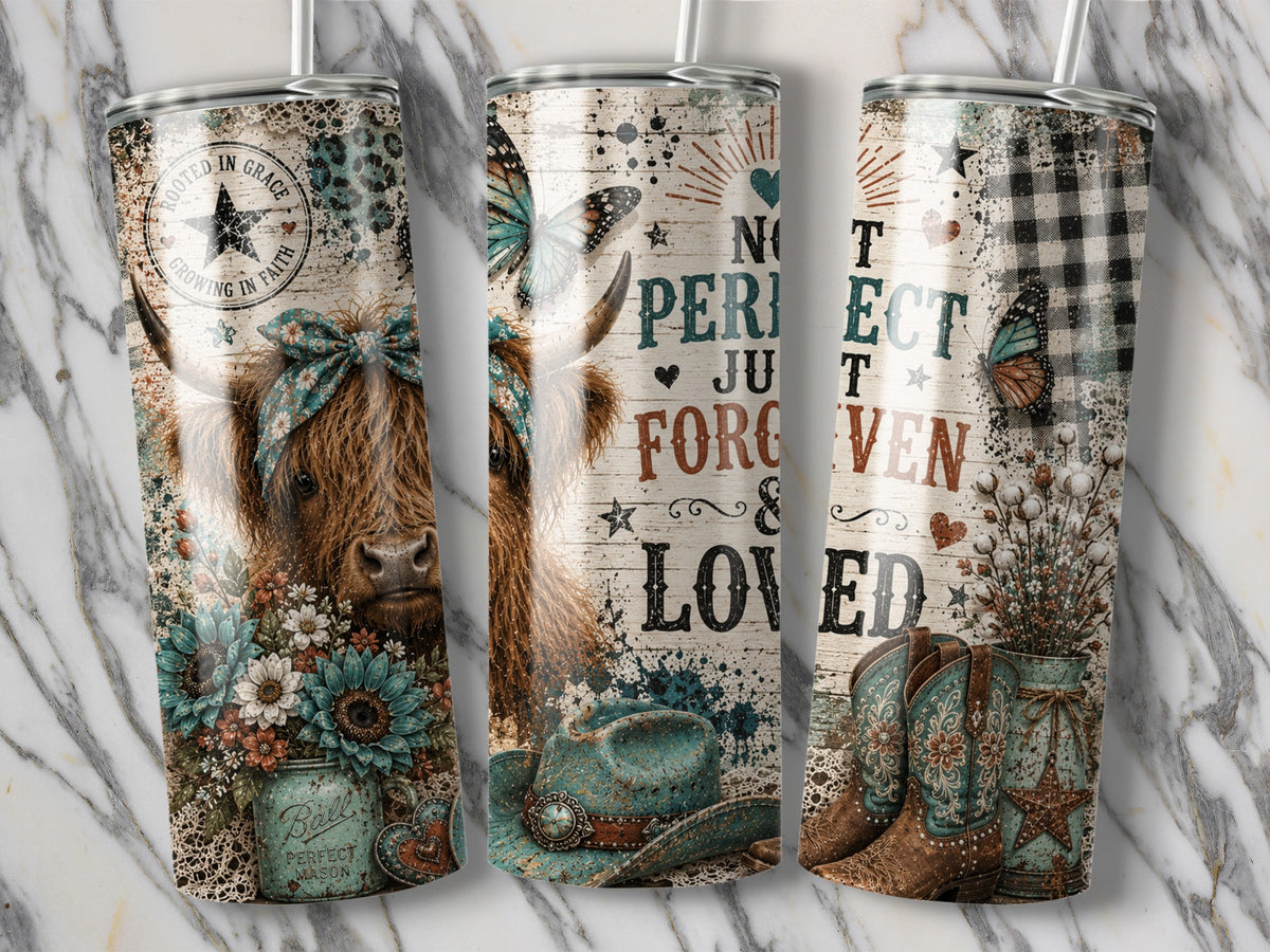 Three stainless steel tumblers feature a rustic design with a Highland cow, sunflowers, butterflies, and faith-based text.